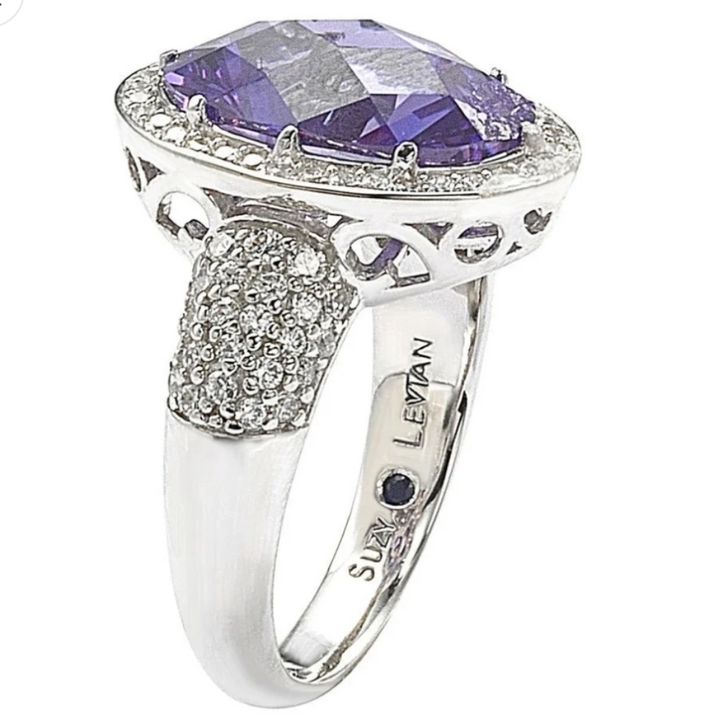 💜▪️Suzy Levian▪️ Sterling Silver Purple Cubic Zirconia Checkered Cut Ring - Picture 6 of 9